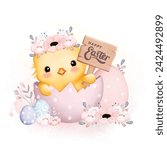 Cute Chick and Eggs with Happy Easter Sign