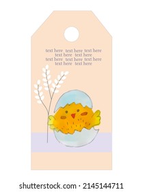 Cute chick in eggshell and willow twig. Easter holiday. Tag or banner, postcard design. Flat illustration.