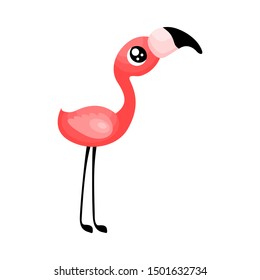 Cute chick flamingo with big eyes looking up. Baby bird isolated on white background. Flat vector illustration.