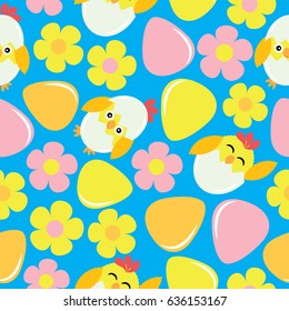 Cute chick, flower, and eggs on blue background vector cartoon, Easter seamless pattern, wallpaper, and greeting card, T-shirt design for kids
