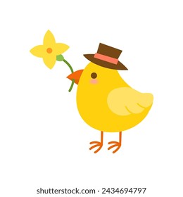 Cute chick with flower isolated on white background.