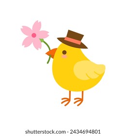 Cute chick with flower isolated on white background.