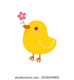 Cute chick with flower isolated on white background.