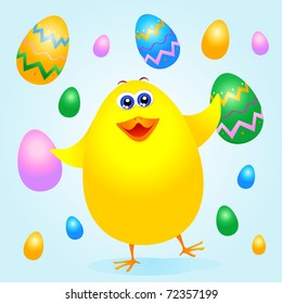 A cute chick happy in the midst of many Easter eggs, vector