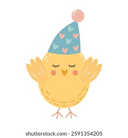 Cute chick in hat isolated on white background.