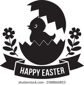 Cute Chick Hatching from Egg, Happy Easter Graphic
