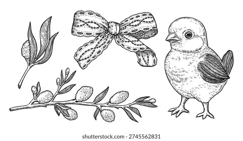 Cute chick with a lace bow and willow blossom vintage Easter set. Realistic hand drawn vector with outline texture. Perfect for spring card design. Ideal for festive decor and Christian religious art.