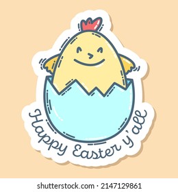 Cute chick and lettering Happy Easter y'all, hand-drawn doodle sticker. Cute colorful symbol and element.