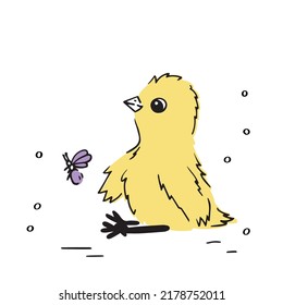 A cute chick made friends with a butterfly. The illustration is drawn in cartoon style. Print for printing on children's clothes and textiles.