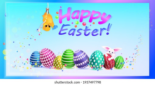 cute chick with mask and rabbit with eggs happy easter spring holiday celebration coronavirus pandemic