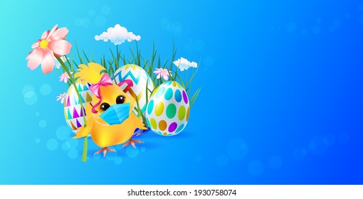 cute chick in medical mask with decorative eggs happy easter holiday celebration banner flyer or greeting card horizontal vector illustration
