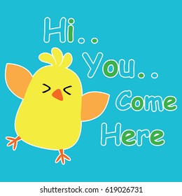 Cute chick on blue background cartoon, children postcard and T-shirt design for kids vector illustration