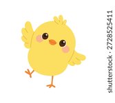 Cute chick with open wings waving. Playful chicken character for kids design. Flat vector illustration isolated on white background.