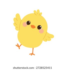 Cute chick with open wings waving. Playful chicken character for kids design. Flat vector illustration isolated on white background.