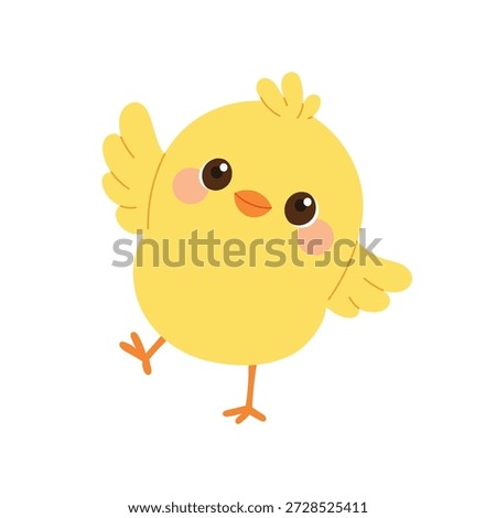 Cute chick with open wings waving. Playful chicken character for kids design. Flat vector illustration isolated on white background.