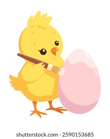 Cute chick painting Easter egg with brush. Happy Easter! Vector isolated illustration.