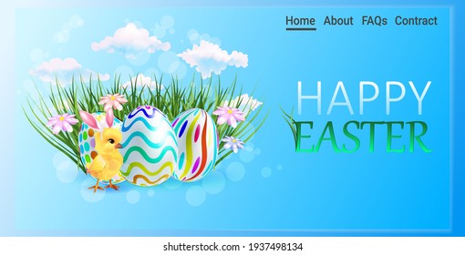 cute chick in rabbit ears with decorative eggs happy easter holiday celebration banner flyer or greeting card
