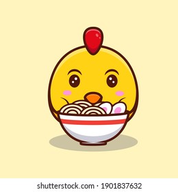 Cute Chick and Ramen Noodle Cartoon Icon Illustration