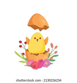 Cute chick in shell and flowers for easter design. Vector cartoon.