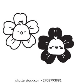 Pollito lindo sentado dentro de la flor grande de la margarita, pollo del bebé de la primavera kawaii, ilustración dibujada a mano de la historieta