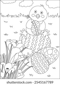 Cute chick sitting on Easter eggs easter egg finding competition coloring page vector
