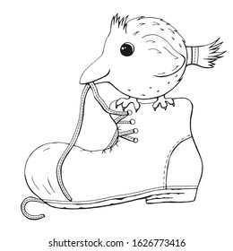 Cute chick sitting on a shoe, playing with laces. Vector isolated black and white bird on a white background. Design for coloring, embroidery, for various prints, wall sticker.