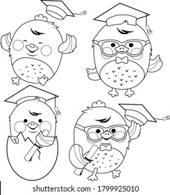 Cute chick students with graduation hats. Vector black and white coloring page.