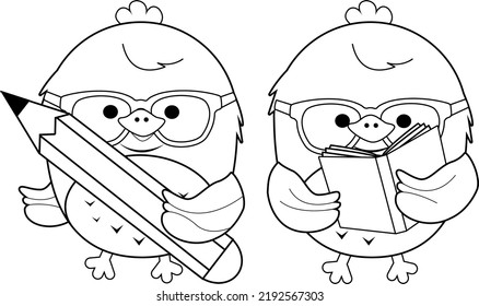 Estudiantes de chicas lindas leyendo y escribiendo. Página de coloreado vectorial en blanco y negro.