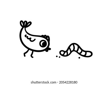 A cute chick watches the crawling worm. Doodle illustration of a bird playing with a worm or wants to eat it. Vector sketch of poultry and feed isolated on white background.