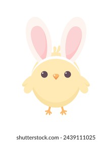 Cute chick wearing bunny ears isolated on white background. Flat vector illustration
