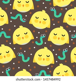 Cute Chick and Worm in Brown Soil background  seamless pattern. Baby clothing water color texture. 