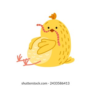 Linda chica con un gusano. Vector aislado adorable, pequeño polluelo con plumas amarillas, se agarra con orgullo una lombriz de tierra ondulante en su pico. Pascua de Pascua o granja de aves de corral bebé personaje de ave con una presa