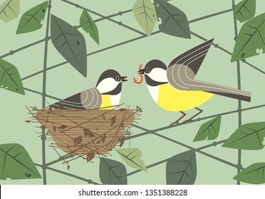 Cute chickadee birds couple in nest. Hand drawn flat minimal design. Male bird is feeding by worm female sitting on eggs in straw nest on tree branch. Vector birdwatching card background illustration