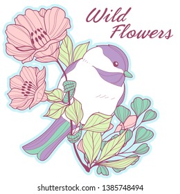 Cute chickadee on a branch with flowers