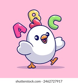 Cute Chicken With Abc Cartoon Vector Icon Illustration. Animal Education Icon Concept Isolated Premium Vector. Flat Cartoon Style