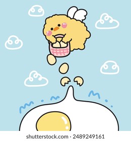 Lindos ángeles de pollo que vuelan sostienen la cesta de huevos con fondo de nubes. Huevo frito. Ave de granja personaje animal de dibujos animados diseño. Imagen para tarjeta, póster, pegatina. Producto del bebé. Kawaii. Vector. Ilustración.