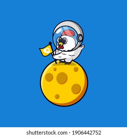 Cute Chicken Astronaut above the moon sticking the flag. Cute mascot character logo. business logo, company mascot,  Icon Illustration.Concept Isolated Premium Vector. Flat Cartoon Style.