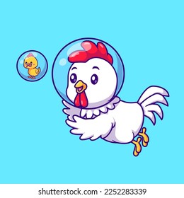 Cute Chicken Astronaut Catching Chick Cartoon Vector Icon Illustration. Animal Science Icon Concept Isolated Premium Vector. Flat Cartoon Style