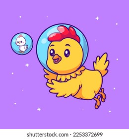 Cute Chicken Astronaut Catching Chick Cartoon Vector Icon Illustration. Animal Science Icon Concept Isolated Premium Vector. Flat Cartoon Style