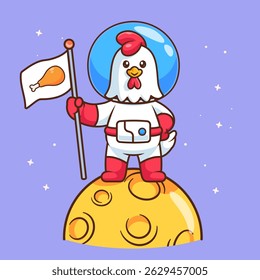 Astronauta de frango bonito segurando a bandeira de frango frita na lua ilustração do ícone do vetor do desenho animado. Animal Science Icon Concept Isolado Premium Vetor. Estilo de Desenho Animado Plano