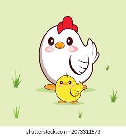 Cute chicken and baby chick cartoon vector illustration design