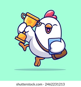 Cute Chicken Back To School With Trophy Cartoon Vector Icon Illustration. Animal Education Icon Concept Isolated Premium Vector. Flat Cartoon Style