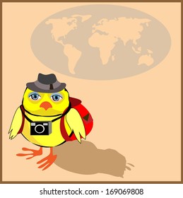 Cute chicken with a backpack and a camera in cartoon stile, vector illustration to the concept of tourism. Globe siluet in the background.