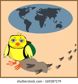 Cute chicken with a backpack in cartoon stile, vector illustration to the concept of tourism. Globe siluet in the background.