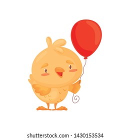 Cute chicken with a balloon. Vector illustration on white background.