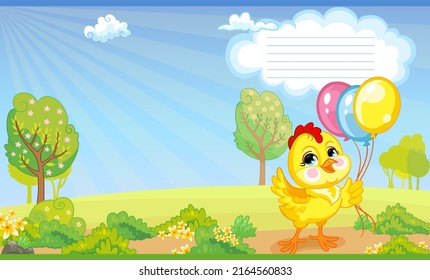 Cute chicken with balloons in nature. Children cartoon background. Vector illustration. Cover page template layout. Applicable for notebooks, planners, brochures, books, catalogs.Two-page cover.
