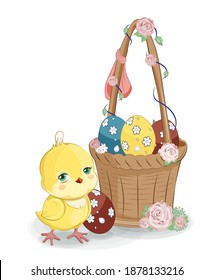 cute chicken, basket with eggs, roses, picture in hand drawing cartoon style for Happy Easter greeting card. postcard
