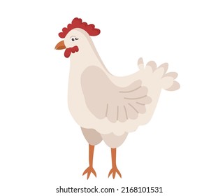 Cute chicken with a beak and a red tuft in cartoon style. Vector character of a bird from a farm isolated on a white background.