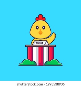 Cute chicken is being a ticket keeper. Animal cartoon concept isolated. Can used for t-shirt, greeting card, invitation card or mascot.