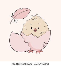 Cute Chicken bird with flower and bow Hand drawn Easter decorative element. Newborn birds nourished by Mother Bird. Colorful eggs illustrations